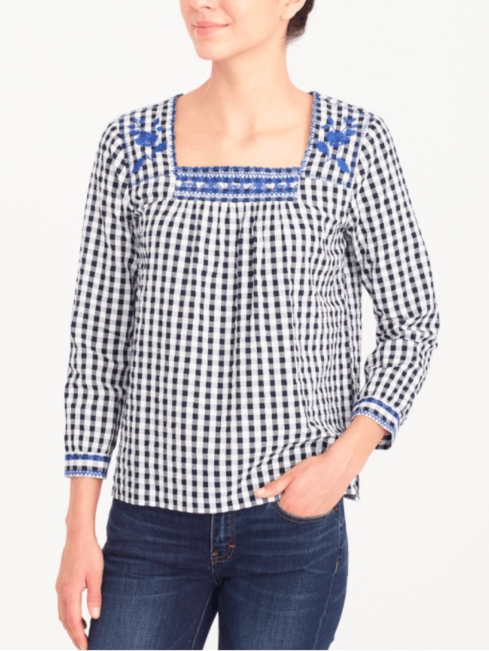 J. Crew Navy and White Gingham Embroidered Square-Neck Blouse